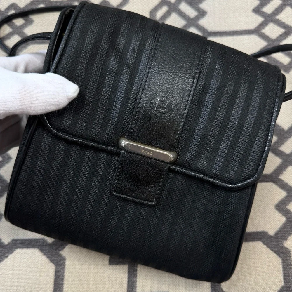 Fendi Vintage Striped Pequin Black Canvas Leather Small Mini Crossbody Bag Purse - Picture 11 of 17